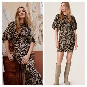 Soaked in Luxury Sharona Zazu Mini Dress Large Animal Print Puff Sleeve Boho